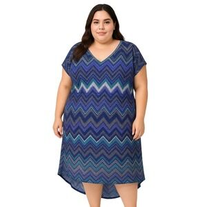 Christine V Dress 4X Blue‎ Herringbone V-Neck Hi-Lo Pullover Stretchy Plus